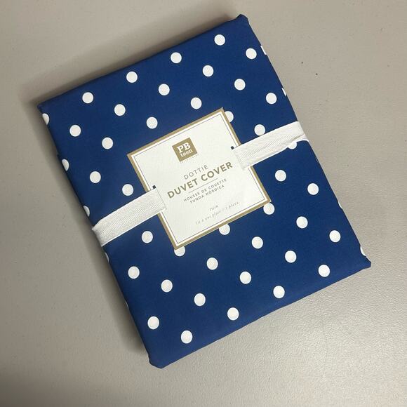 Pottery Barn Teen Dottie Duvet Cover Twin Royal Navy Blue White Polka Dots NWT - Picture 1 of 6